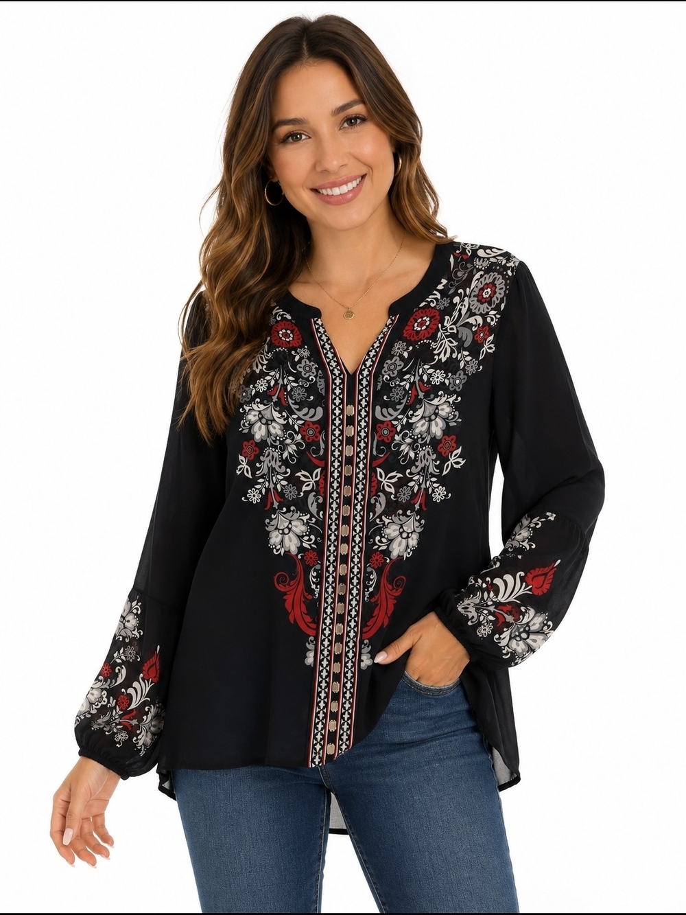 Chico's Black Tunic with Red and White Floral Print
